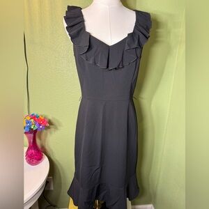 NWT White House Black Market Black sheath dress with ruffled neckline